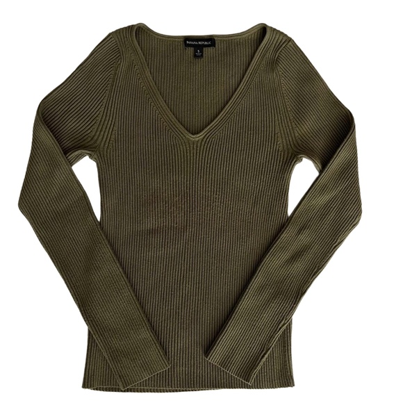 Banana Republic Sweater Women's Small Olive Rib V Neck  Long Sleeve Minimalist - Picture 1 of 8